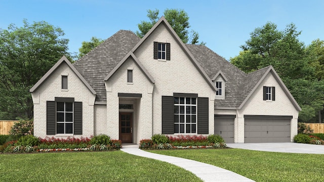 view of front of property featuring a garage and a front lawn