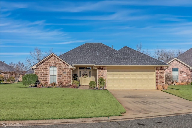 single story home featuring a garage and a front yard