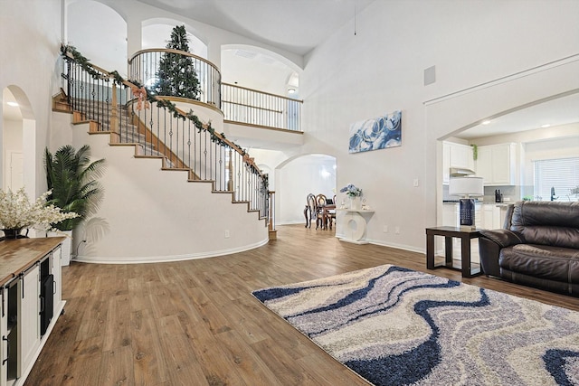 living room featuring a towering ceiling and dark hardwood / wood-style flooring