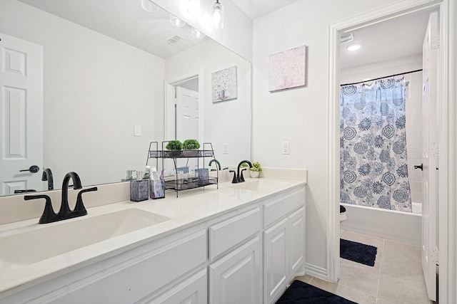 full bathroom with toilet, vanity, shower / bath combo, and tile patterned flooring