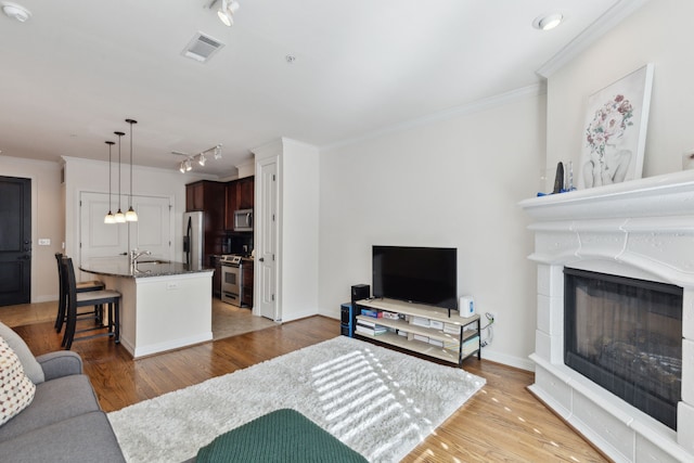 living room with sink, ornamental molding, rail lighting, and wood-type flooring