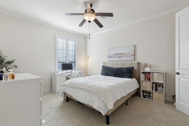 bedroom with a ceiling fan, crown molding, light colored carpet, and baseboards