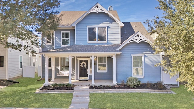 view of front of property with a porch and a front yard