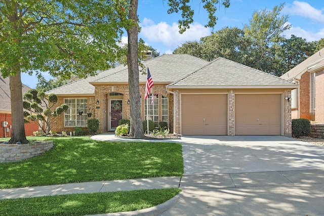 single story home featuring a front yard and a garage