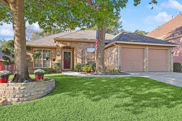 ranch-style house with a garage and a front lawn