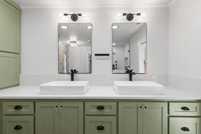 bathroom with vanity and ornamental molding