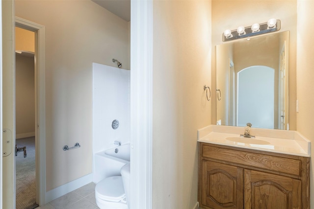 full bathroom featuring bathtub / shower combination, tile patterned floors, vanity, and toilet