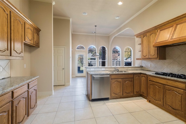 kitchen with tasteful backsplash, dishwasher, sink, light stone counters, and black gas cooktop