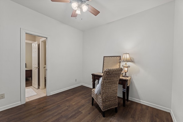 home office featuring ceiling fan and wood-type flooring