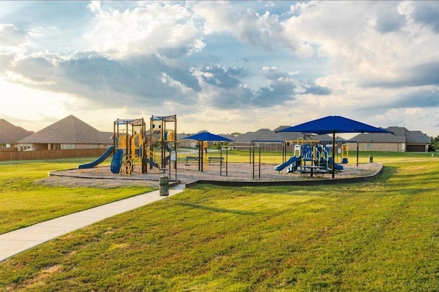 view of playground featuring a lawn