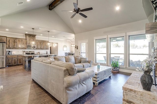 living room with beam ceiling, high vaulted ceiling, ceiling fan, and dark wood-type flooring