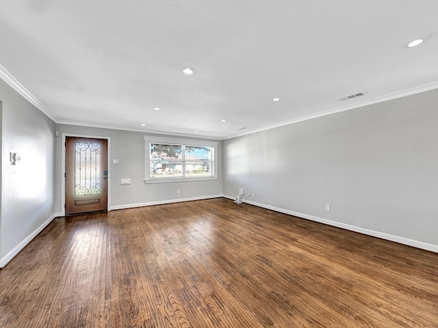 interior space featuring hardwood / wood-style floors and ornamental molding