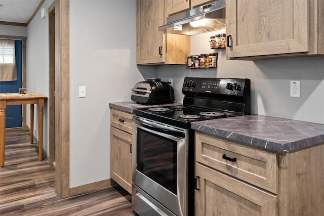 kitchen featuring stainless steel electric stove, dark hardwood / wood-style floors, and ornamental molding