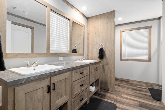 bathroom with hardwood / wood-style floors and vanity