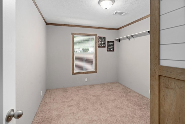 carpeted spare room featuring a textured ceiling and crown molding