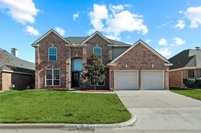 front facade with a garage and a front lawn