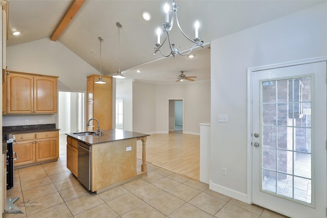 kitchen featuring sink, stainless steel dishwasher, decorative light fixtures, a kitchen island with sink, and ceiling fan with notable chandelier