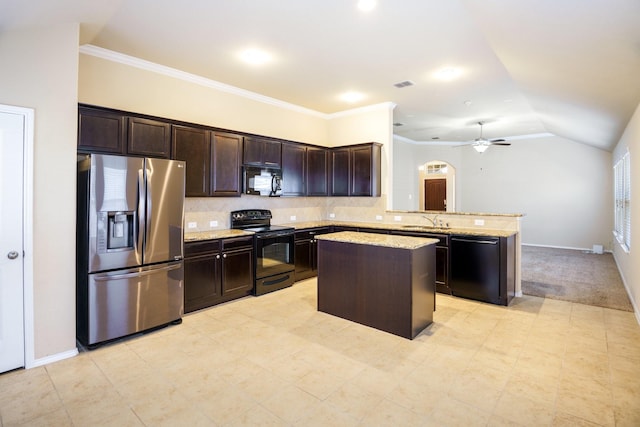 kitchen with sink, a center island, backsplash, kitchen peninsula, and black appliances