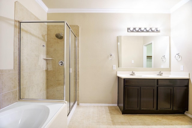 bathroom featuring vanity, ornamental molding, and shower with separate bathtub