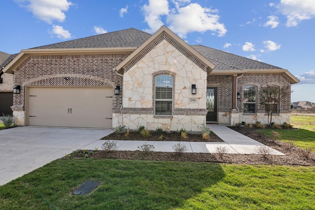 view of front of house featuring a front yard and a garage