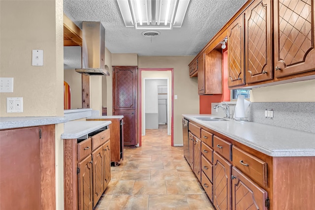 kitchen with sink, a textured ceiling, dishwasher, and island range hood