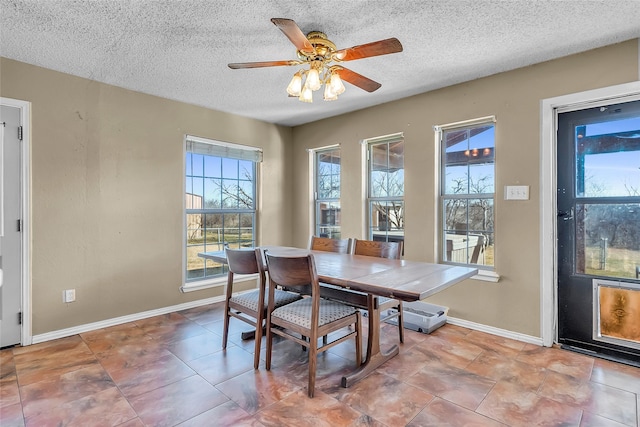 dining space with ceiling fan and a textured ceiling