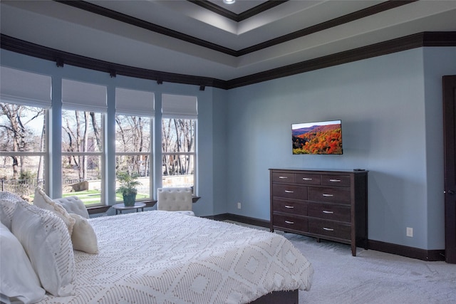 carpeted bedroom featuring ornamental molding