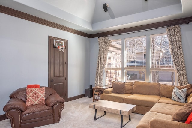 living room with light carpet and a tray ceiling