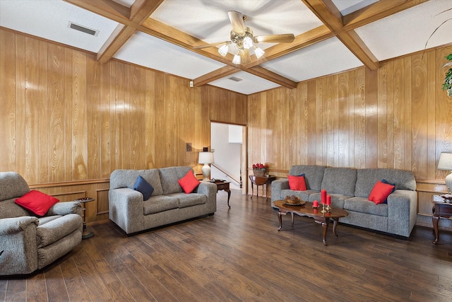 living room featuring ceiling fan, beam ceiling, and coffered ceiling