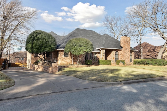 view of front of house with brick siding, a front yard, a chimney, driveway, and a gate