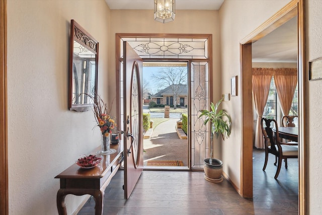 foyer entrance with an inviting chandelier and dark hardwood / wood-style floors