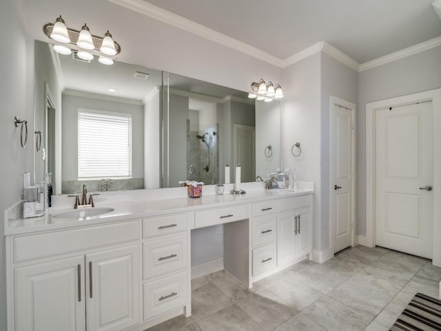 bathroom featuring vanity, tile patterned floors, an enclosed shower, and crown molding