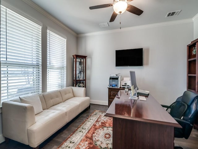 office with dark hardwood / wood-style floors, ceiling fan, and crown molding