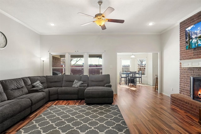 living room with a fireplace, wood-type flooring, ceiling fan, and crown molding