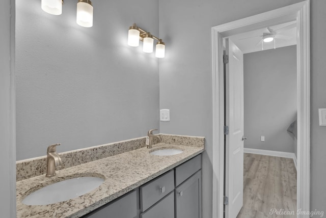 bathroom featuring ceiling fan, vanity, and wood-type flooring