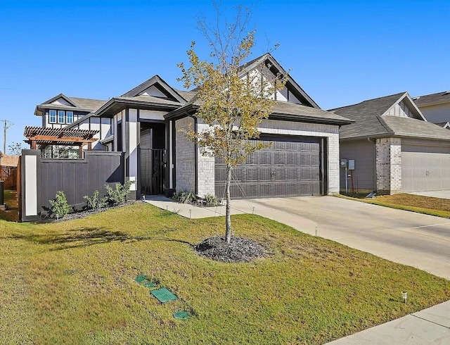 view of front facade featuring a garage, a pergola, and a front lawn