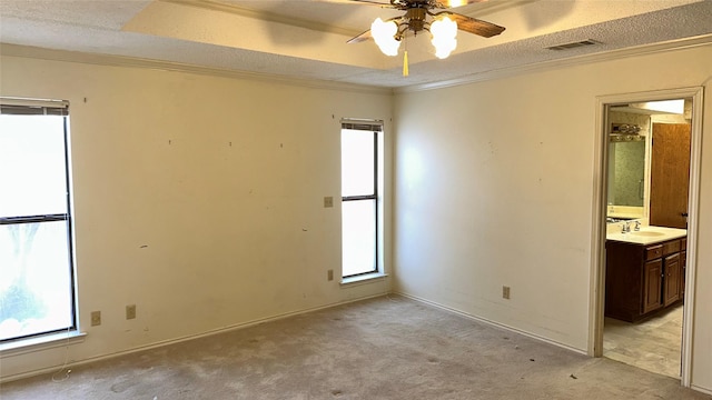 carpeted spare room featuring crown molding, sink, ceiling fan, and a textured ceiling