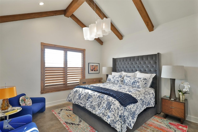 carpeted bedroom featuring lofted ceiling with beams