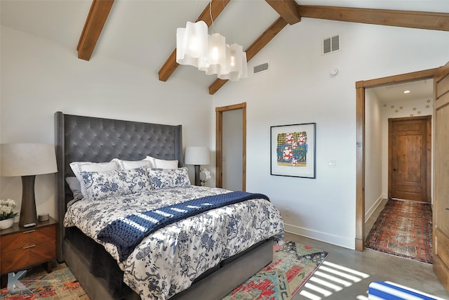 bedroom featuring beam ceiling and high vaulted ceiling