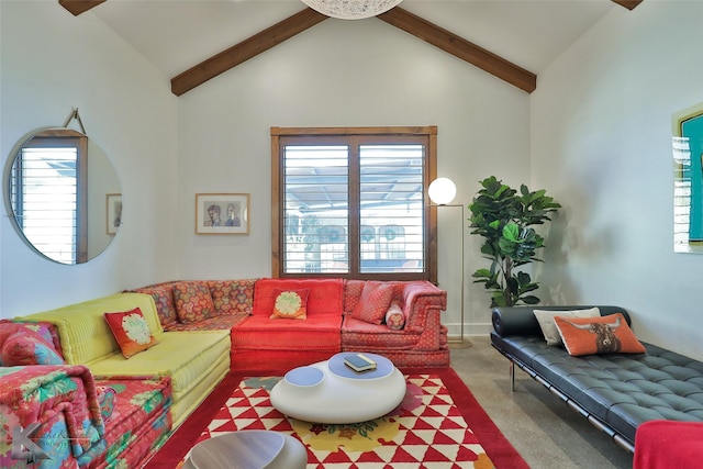 living room with beamed ceiling, high vaulted ceiling, and carpet floors