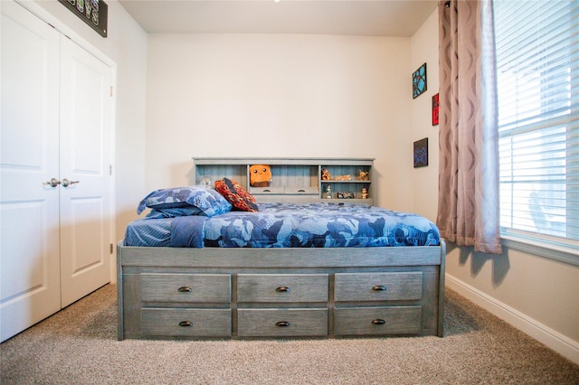 bedroom featuring a closet and carpet floors