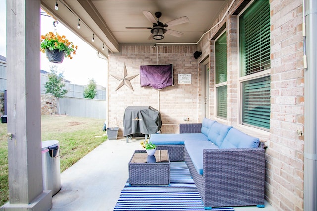 view of patio / terrace featuring an outdoor hangout area, ceiling fan, and a grill