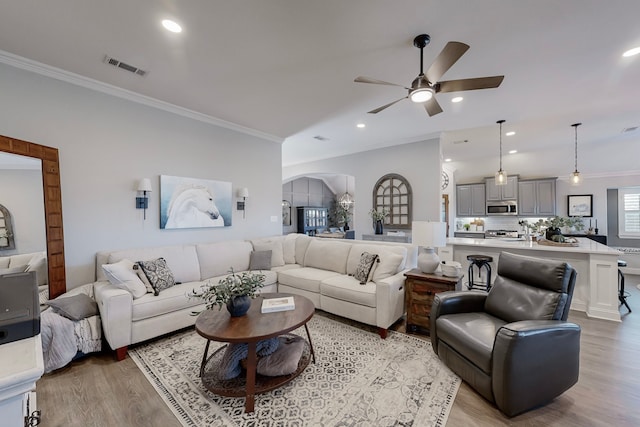 living room featuring ceiling fan, light wood-type flooring, and crown molding