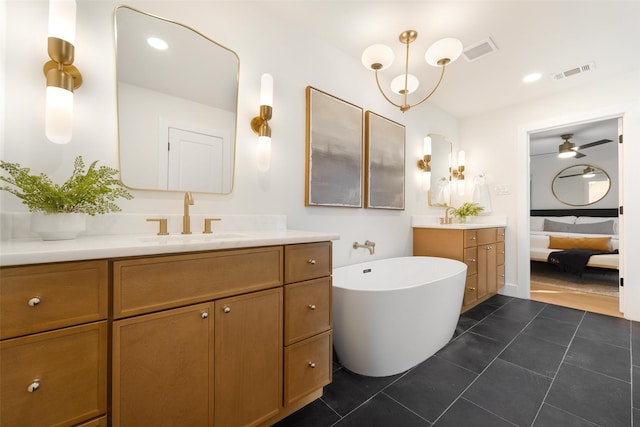 bathroom with vanity, tile patterned flooring, ceiling fan, and a bath