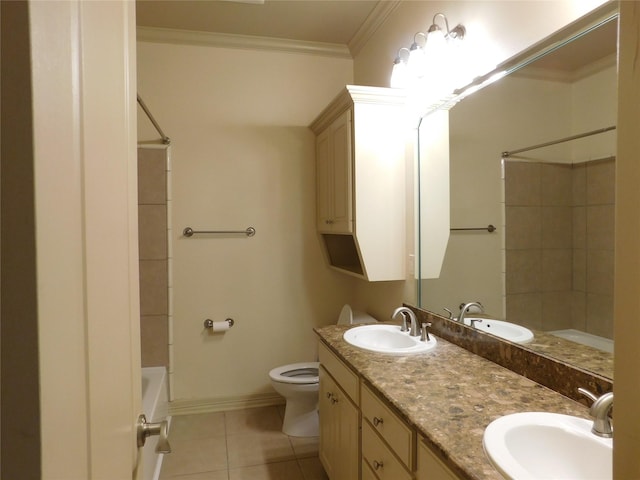 full bathroom featuring tile patterned flooring, toilet, vanity, shower / bathtub combination, and ornamental molding