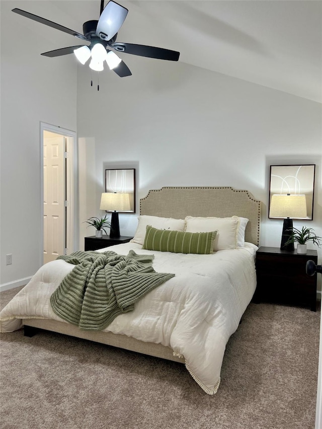 bedroom featuring ceiling fan, high vaulted ceiling, and carpet