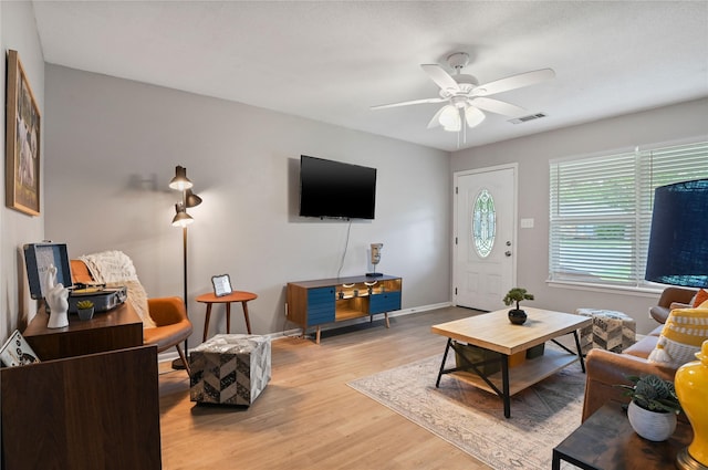 living room featuring ceiling fan and light hardwood / wood-style flooring