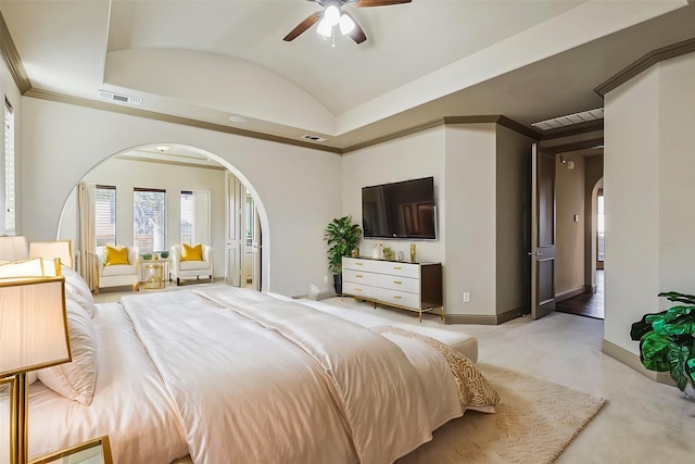 bedroom with ceiling fan and lofted ceiling