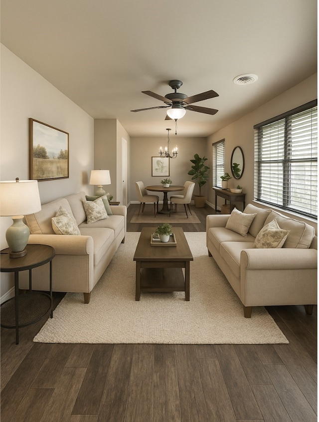 1911 College St, Gainesville, TX 76240 - living room with dark wood-type flooring, a ceiling fan, and baseboards