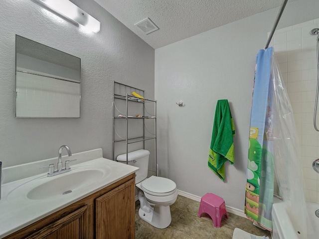 full bathroom with a textured ceiling, toilet, vanity, and shower / tub combo with curtain